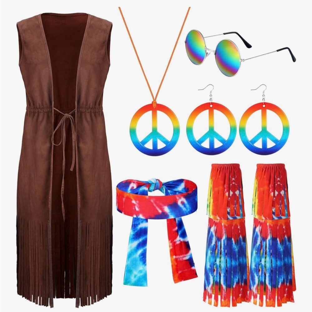 6 Pcs 60s 70s Outfit Disco Hippie Set Peace Sign Earring Headband Fringe Vest